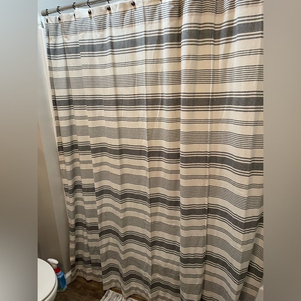 Piper Classics shower curtain, not used! Beautiful stripe, blue/gray and tan.